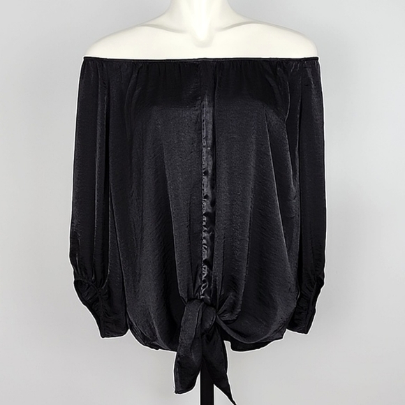 Jennifer Lopez Off The  Shoulder Front Knot Black Blouse Flowy Lightweight Large - Picture 1 of 11